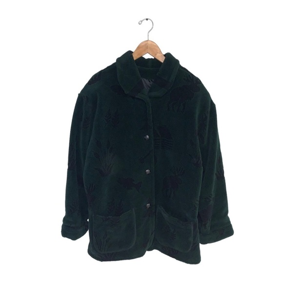 Denali‎ Vintage Long Fleece Coat Log Cabin  Moose Green Button-down Size Large - Picture 1 of 7